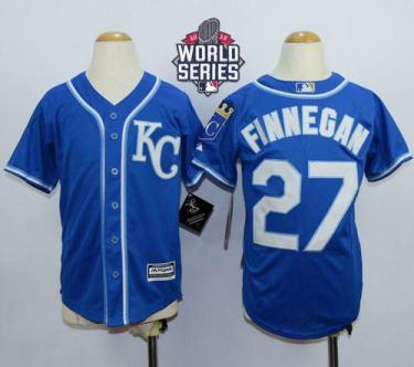 Youth Royals #27 Brandon Finnegan Blue Alternate 2 Cool Base W 2015 World Series Patch Stitched Baseball Jersey