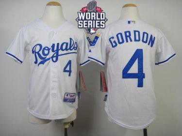 Youth Royals #4 Alex Gordon White Cool Base W 2015 World Series Patch Stitched Baseball Jersey