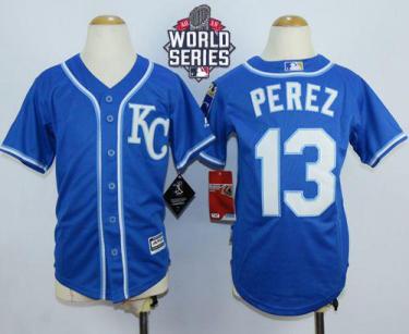 Youth Royals #13 Salvador Perez Blue Cool Base W 2015 World Series Patch Stitched Baseball Jersey