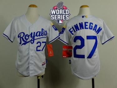 Youth Royals #27 Brandon Finnegan White Cool Base W 2015 World Series Patch Stitched Baseball Jersey