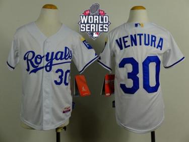 Youth Royals #30 Yordano Ventura White Cool Base W 2015 World Series Patch Stitched Baseball Jersey