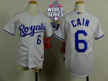 Youth Royals #6 Lorenzo Cain White Cool Base W 2015 World Series Patch Stitched Baseball Jersey