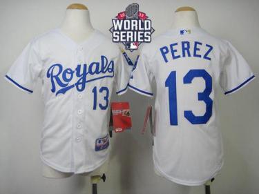 Youth Royals #13 Salvador Perez White Cool Base W 2015 World Series Patch Stitched Baseball Jersey