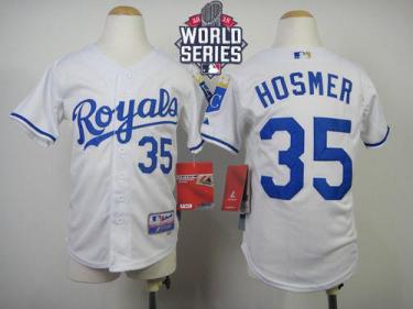 Youth Royals #35 Eric Hosmer White Cool Base W 2015 World Series Patch Stitched Baseball Jersey