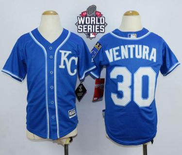 Youth Royals #30 Yordano Ventura Blue Cool Base W 2015 World Series Patch Stitched Baseball Jersey