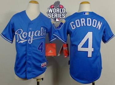 Youth Royals #4 Alex Gordon Light Blue Cool Base Alternate 1 W 2015 World Series Patch Stitched Baseball Jersey