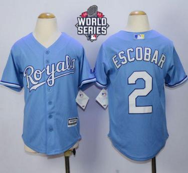 Youth Royals #2 Alcides Escobar Light Blue Alternate 1 Cool Base W 2015 World Series Patch Stitched Baseball Jersey