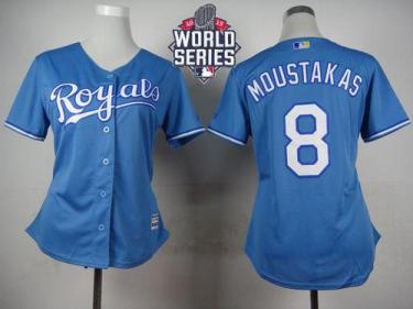 Women's Royals #8 Mike Moustakas Light Blue Alternate 1 W 2015 World Series Patch Stitched Baseball Jersey