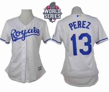 Women's Royals #13 Salvador Perez White Home W 2015 World Series Patch Stitched Baseball Jersey