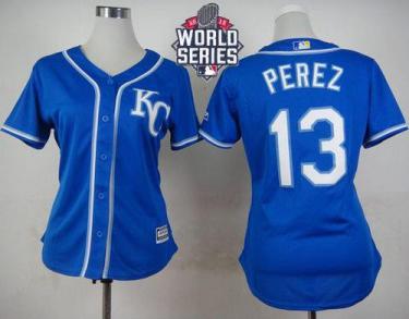 Women's Royals #13 Salvador Perez Blue Alternate 2 W 2015 World Series Patch Stitched Baseball Jersey