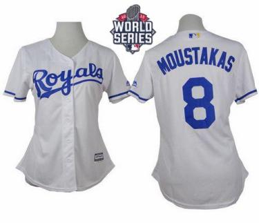 Women's Royals #8 Mike Moustakas White Home W 2015 World Series Patch Stitched Baseball Jersey