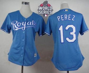 Women's Royals #13 Salvador Perez Light Blue Alternate 1 W 2015 World Series Patch Stitched Baseball Jersey