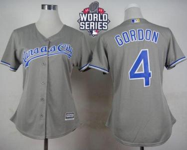Women's Royals #4 Alex Gordon Grey Road W 2015 World Series Patch Stitched Baseball Jersey