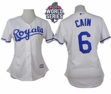 Women's Royals #6 Lorenzo Cain White Home W 2015 World Series Patch Stitched Baseball Jersey