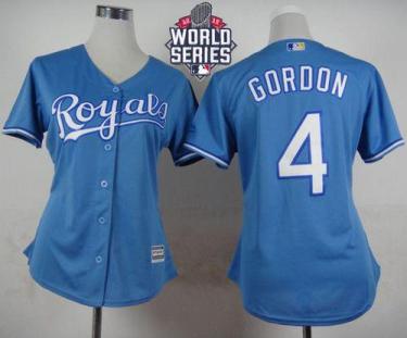 Women's Royals #4 Alex Gordon Light Blue Alternate 1 W 2015 World Series Patch Stitched Baseball Jersey