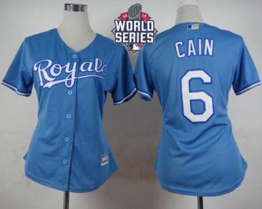 Women's Royals #6 Lorenzo Cain Light Blue Alternate 1 W 2015 World Series Patch Stitched Baseball Jersey