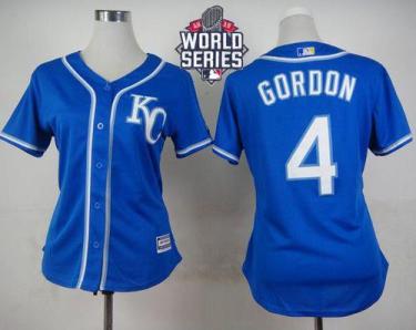 Women's Royals #4 Alex Gordon Blue Alternate 2 W 2015 World Series Patch Stitched Baseball Jersey