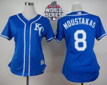 Women's Royals #8 Mike Moustakas Blue Alternate 2 W 2015 World Series Patch Stitched Baseball Jersey