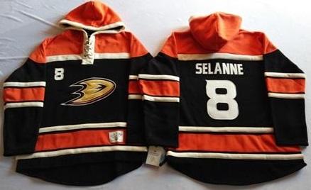 Anaheim Ducks 8 Teemu Selanne Black Sawyer Hooded Sweatshirt Stitched NHL Jersey