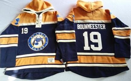 St. Louis Blues 19 Jay Bouwmeester Navy Blue Gold Sawyer Hooded Sweatshirt Stitched NHL Jersey