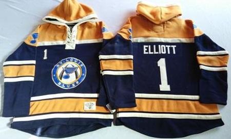 St. Louis Blues 1 Brian Elliott Navy Blue Gold Sawyer Hooded Sweatshirt Stitched NHL Jersey