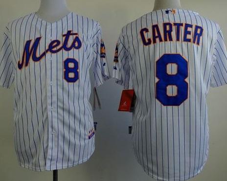 New York Mets #8 Gary Carter White(Blue Strip) Home Cool Base Stitched Baseball Jersey