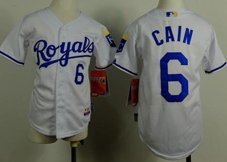 Youth Kansas City Royals #6 Lorenzo Cain White Cool Base Stitched Baseball Jersey