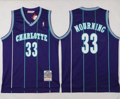 Charlotte Hornets #33 Alonzo Mourning Purple Mitchell And Ness Throwback Stitched NBA Jersey