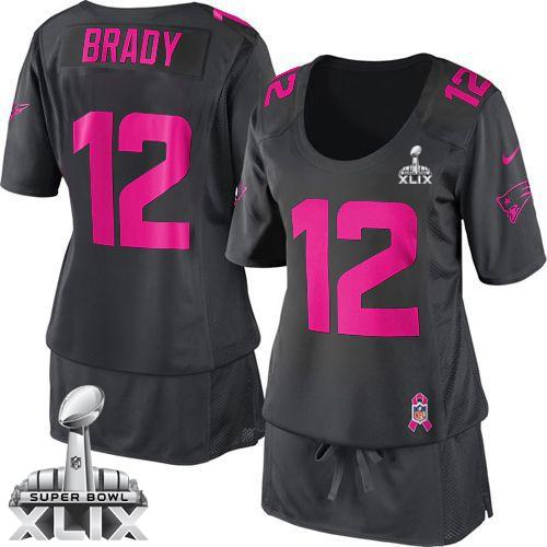 Women's Nike Patriots #12 Tom Brady Dark Grey Super Bowl XLIX Breast Cancer Awareness Stitched NFL Elite Jersey