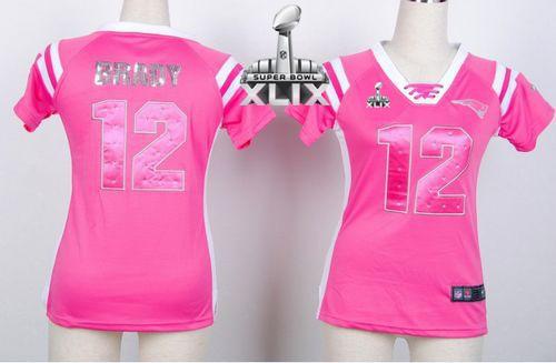Women's Nike Patriots #12 Tom Brady Pink Super Bowl XLIX Stitched NFL Elite Draft Him Shimmer Jersey