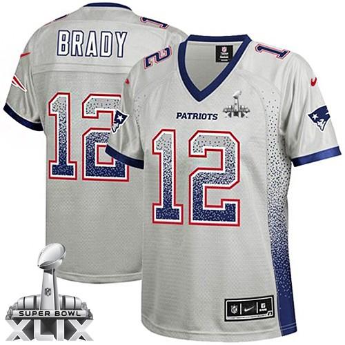 Women's Nike Patriots #12 Tom Brady Grey Super Bowl XLIX Stitched NFL Elite Drift Fashion Jersey