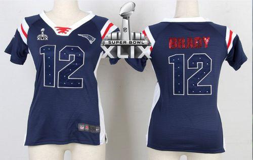 Women's Nike Patriots #12 Tom Brady Navy Blue Super Bowl XLIX Stitched NFL Elite Draft Him Shimmer Jersey