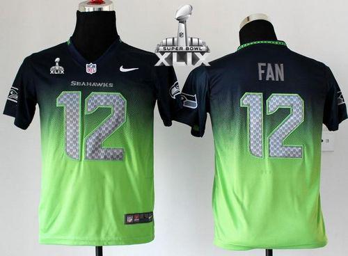 Youth Nike Seahawks #12 Fan Steel Blue Green Super Bowl XLIX Stitched NFL Elite Fadeaway Fashion Jersey