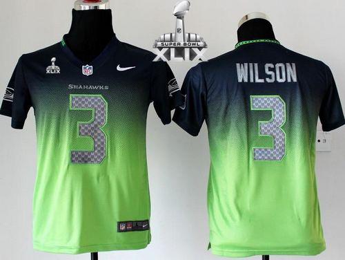 Youth Nike Seahawks #3 Russell Wilson Steel Blue Green Super Bowl XLIX Stitched NFL Elite Fadeaway Fashion Jersey