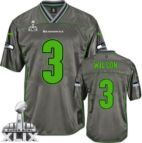 Youth Nike Seahawks #3 Russell Wilson Grey Super Bowl XLIX Stitched NFL Elite Vapor Jersey