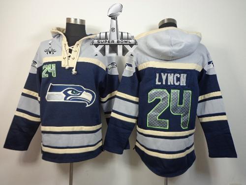 Nike Seahawks #24 Marshawn Lynch Navy Blue Super Bowl XLIX Sawyer Hooded Sweatshirt NFL Hoodie