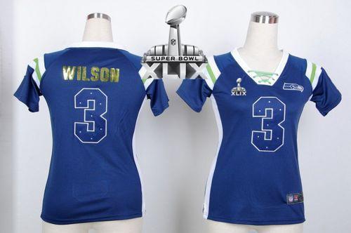 Women's Nike Seahawks #3 Russell Wilson Steel Blue Super Bowl XLIX Stitched NFL Elite Draft Him Shimmer Jersey