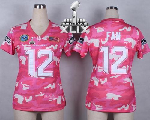 Women's Nike Seahawks #12 Fan Pink Super Bowl XLIX Stitched NFL Elite Camo Fashion Jersey