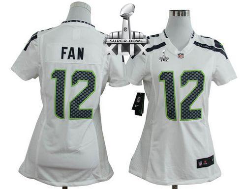 Women's Nike Seahawks #12 Fan White Super Bowl XLIX Stitched NFL Elite Jersey