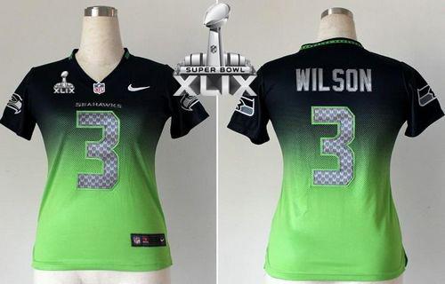 Women's Nike Seahawks #3 Russell Wilson Steel Blue Green Super Bowl XLIX Stitched NFL Elite Fadeaway Fashion Jersey