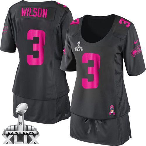 Women's Nike Seahawks #3 Russell Wilson Dark Grey Super Bowl XLIX Breast Cancer Awareness Stitched NFL Elite Jersey