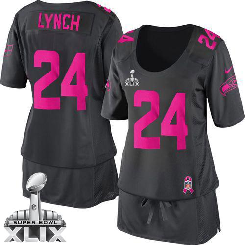 Women's Nike Seahawks #24 Marshawn Lynch Dark Grey Super Bowl XLIX Breast Cancer Awareness Stitched NFL Elite Jersey