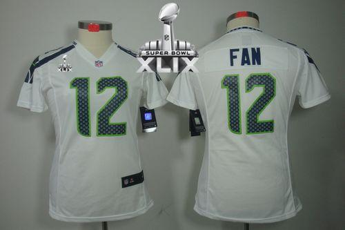 Women's Nike Seahawks #12 Fan White Super Bowl XLIX Stitched NFL Limited Jersey