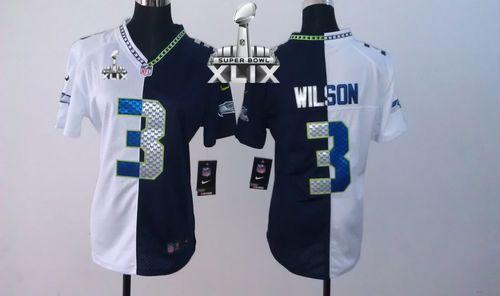 Women's Nike Seahawks #3 Russell Wilson Steel Blue White Super Bowl XLIX Stitched NFL Elite Split Jersey