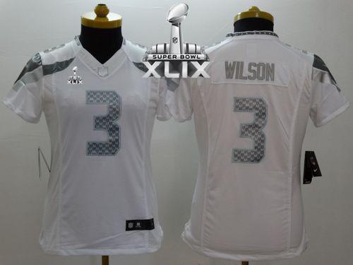 Women's Nike Seahawks #3 Russell Wilson White Super Bowl XLIX Stitched NFL Limited Platinum Jersey