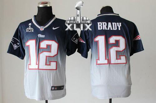 Nike Patriots #12 Tom Brady Navy Blue Grey Super Bowl XLIX Men's Stitched NFL Elite Fadeaway Fashion Jersey