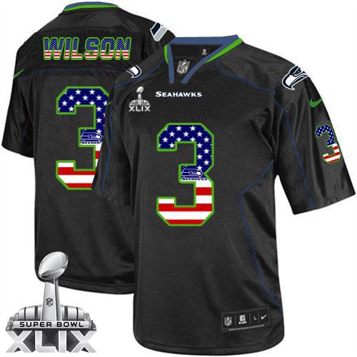 Nike Seahawks #3 Russell Wilson Black Super Bowl XLIX Men's Stitched NFL Elite USA Flag Fashion Jersey