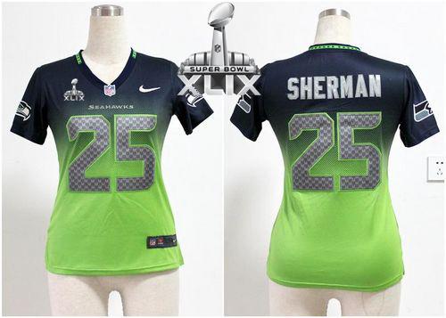 Women's Nike Seahawks #25 Richard Sherman Steel Blue Green Super Bowl XLIX Stitched NFL Elite Fadeaway Fashion Jersey