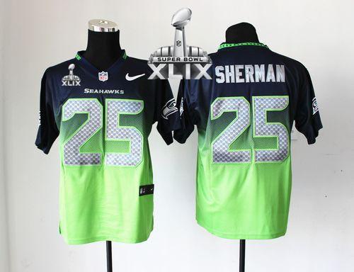 Nike Seahawks #25 Richard Sherman Steel Blue Green Super Bowl XLIX Men's Stitched NFL Elite Fadeaway Fashion Jersey