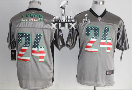 Nike Seahawks #24 Marshawn Lynch Grey Super Bowl XLIX Men's Stitched NFL Elite USA Flag Fashion Jersey